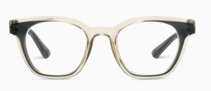 Glasses with translucent pale beige fronts and gray temples, front view