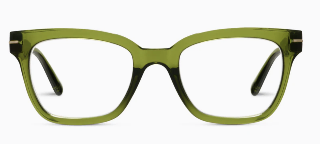 Translucent olive green square-frame glasses, front view