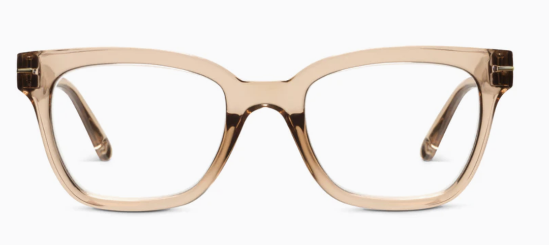 Translucent tan square-frame glasses, front view