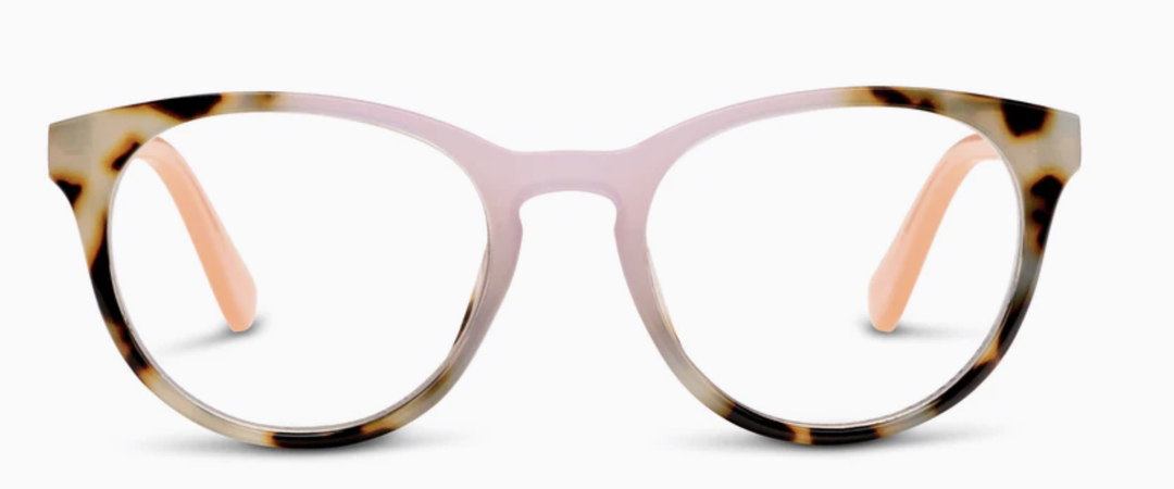 Round glasses with tortoise and pink fronts and peach temples, front view