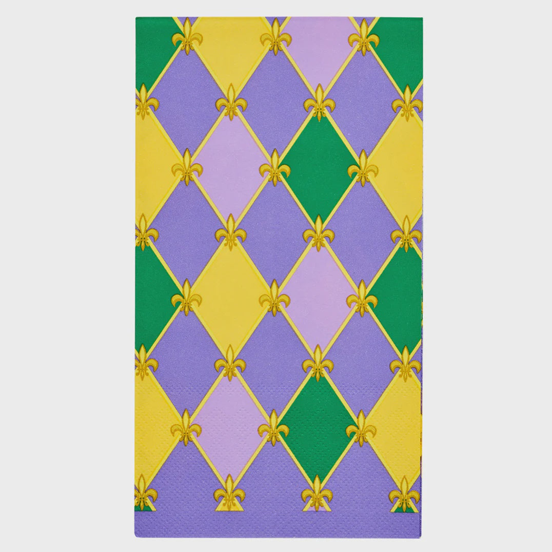 Graphic illustration of a New Orleans Mardi Gras harlequin pattern featuring vibrant purple, emerald green, and yellow diamonds accented with iconic golden fleur-de-lis symbols and a subtle textured finish
