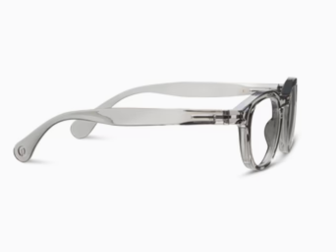 Translucent gray round-frame glasses, side view
