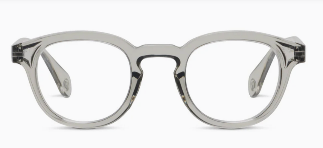 Translucent gray round-frame glasses, front view