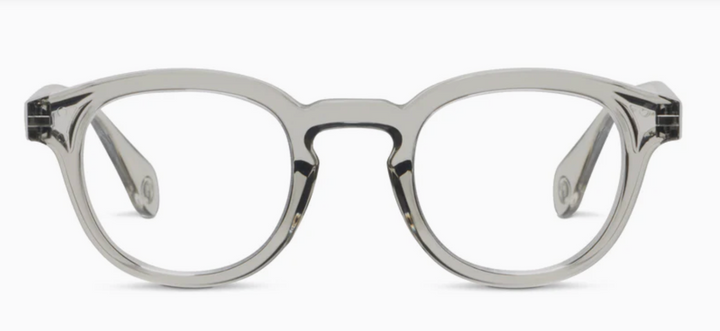 Translucent gray round-frame glasses, front view