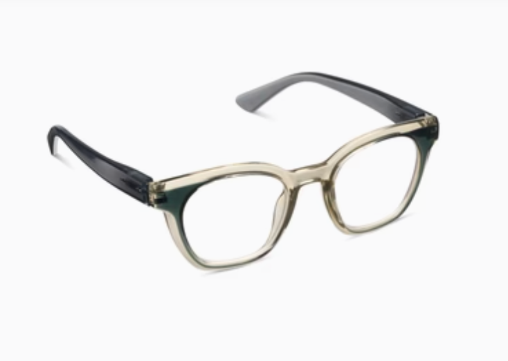 Glasses with translucent pale beige fronts and gray temples, angled view