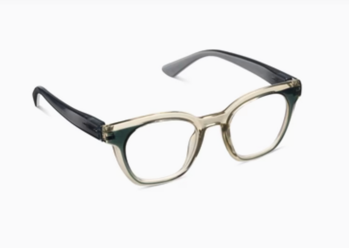Glasses with translucent pale beige fronts and gray temples, angled view