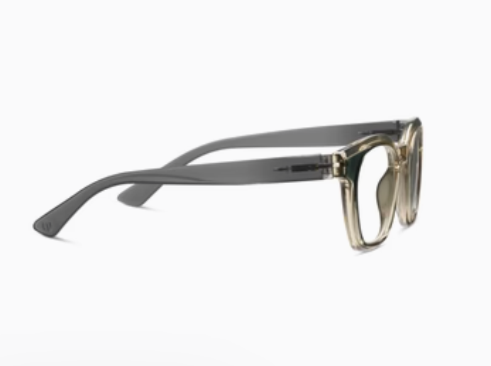 Glasses with translucent pale beige fronts and gray temples, side view