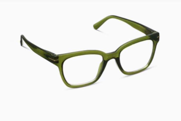 Translucent olive green square-frame glasses, angled view