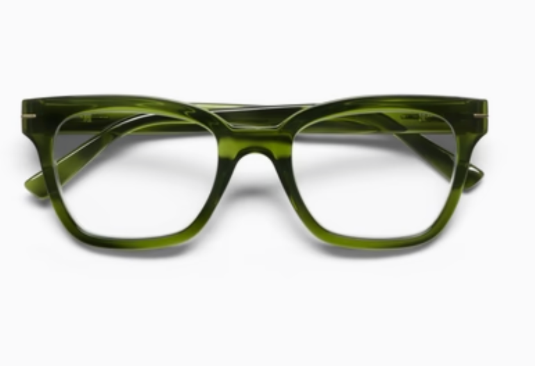 Translucent olive green glasses folded, front view