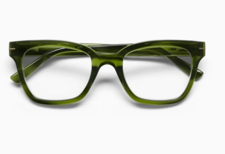 Translucent olive green glasses folded, front view