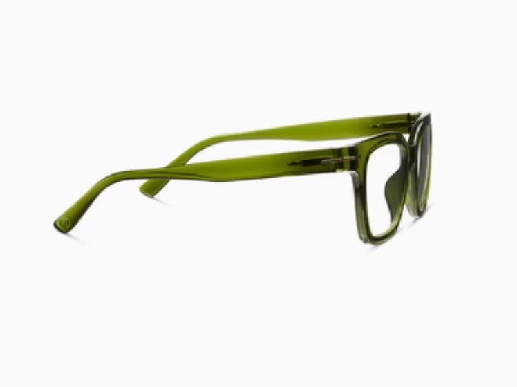 Translucent olive green square-frame glasses, side view
