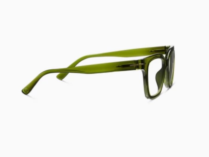 Translucent olive green square-frame glasses, side view