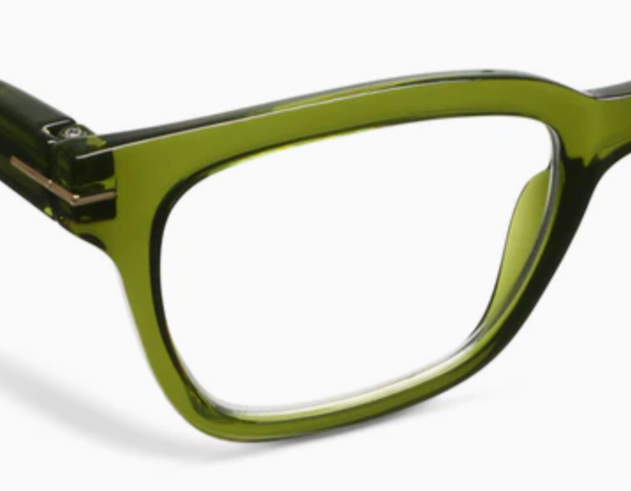Close-up of an olive green glasses frame corner with a metal hinge accent