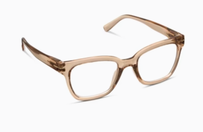 Translucent tan square-frame glasses, angled view