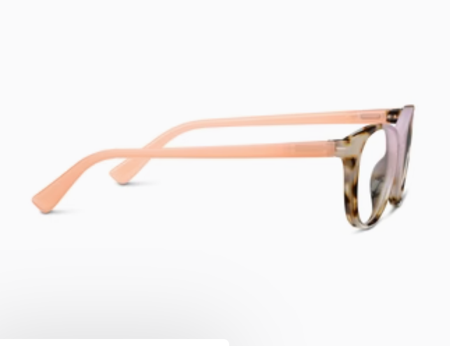 Tortoise and pink round glasses with peach temples, side view