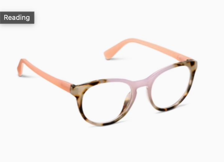 Tortoise and pink round glasses with peach temples, angled view with a "Reading" label