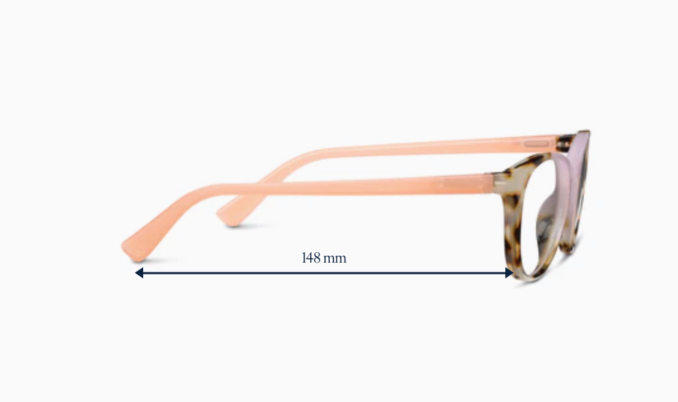 Side view of tortoise and pink glasses with peach temples marked 148 mm long