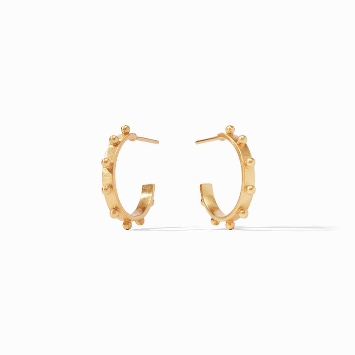 Julie Vos 24K gold plate jewelry featuring a pair of Milano hoop earrings on a white background with signature raised beads along the outer rim and a soft brushed finish