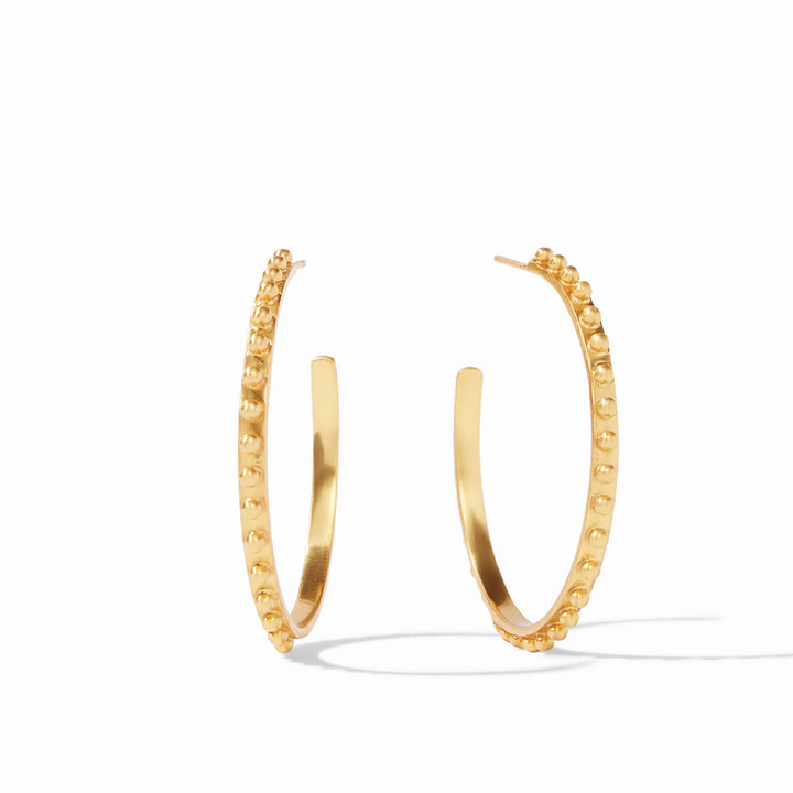 24K gold plate earrings by Julie Vos featuring a pair of beaded hoop earrings on a white studio background with a signature textured outer rim and radiant golden spheres