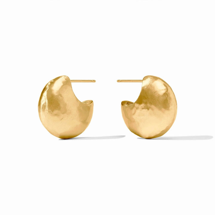 18k yellow gold hammered earrings by Ippolita featuring a pair of sculptural crescent-shaped studs on a white background with organic dimpled textures and a warm lustrous finish