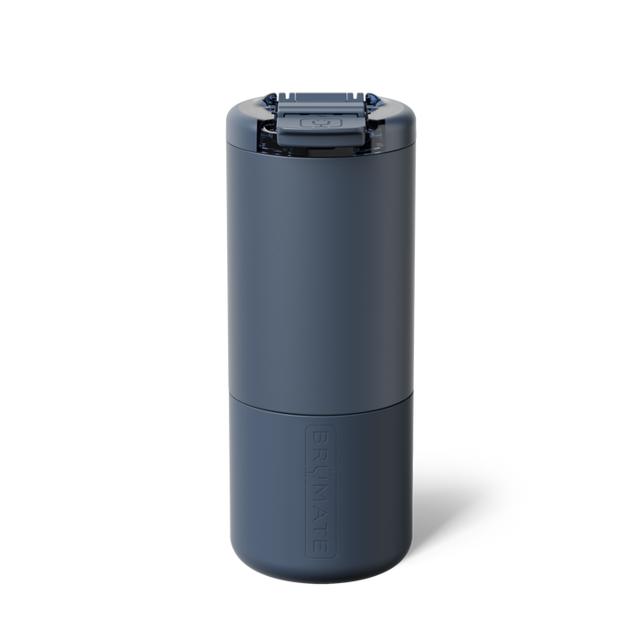 Digital product photograph by BrüMate of a matte navy blue insulated travel tumbler on a white studio background featuring an embossed vertical brand logo and a sophisticated locking flip-top lid mechanism