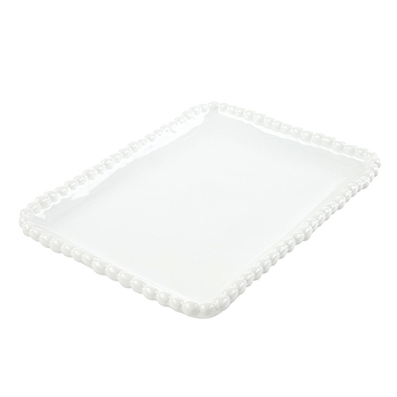 White ceramic rectangular platter by Marchesa by Lenox serving tray for a dining table featuring an iconic raised beaded pearl border and a luminous glossy finish