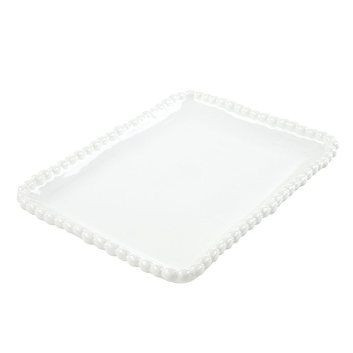 White ceramic rectangular platter by Marchesa by Lenox serving tray for a dining table featuring an iconic raised beaded pearl border and a luminous glossy finish