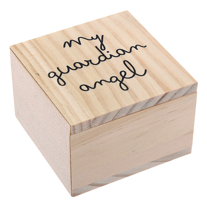 Natural pine wood keepsake box featuring the phrase my guardian angel in black script on the lid with visible organic grain lines and a square minimalist design against a white background