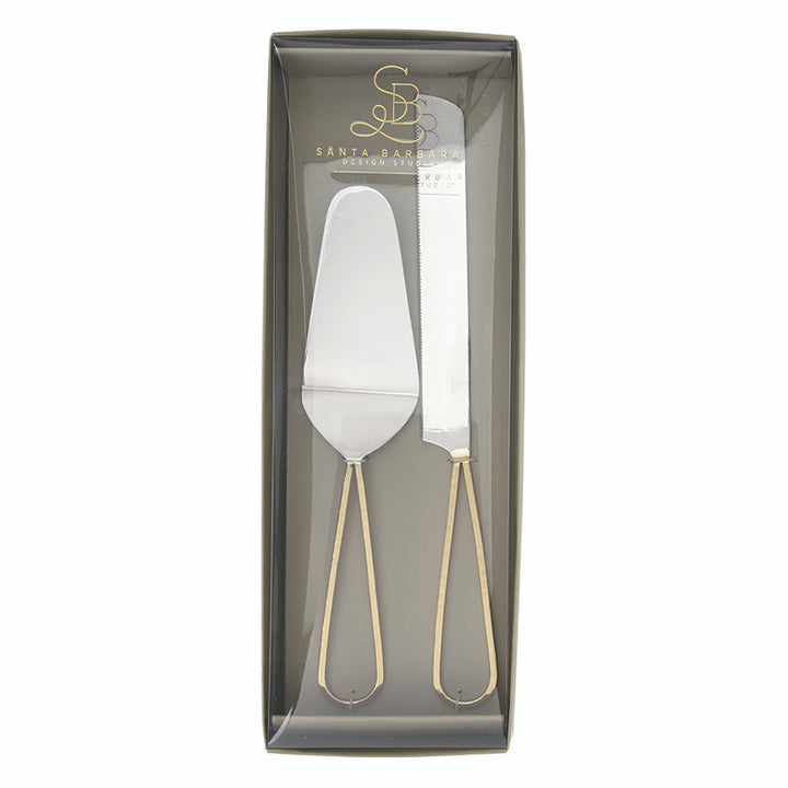 Stainless steel cake server and knife set by Santa Barbara Design Studio presented in a gift box featuring elegant gold teardrop-shaped handles and a polished silver finish