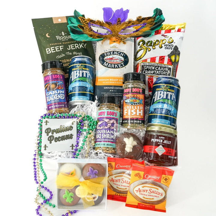 Assorted snack items including beef jerky and chips with Mardi Gras-themed packaging on a white background.