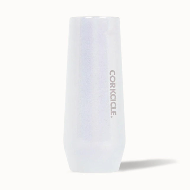 Insulated stainless steel stemless flute by Corkcicle featuring a shimmering pearlescent finish and vertical brand logo against a solid black background