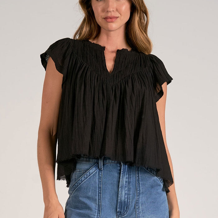 Black V-Neck Frill Top