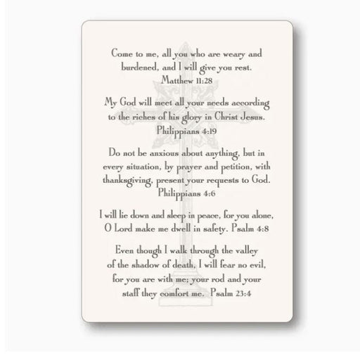 Printed religious scripture card featuring five biblical verses in elegant black script typography layered over a faint grey central cross watermark on a cream-colored background with rounded corners
