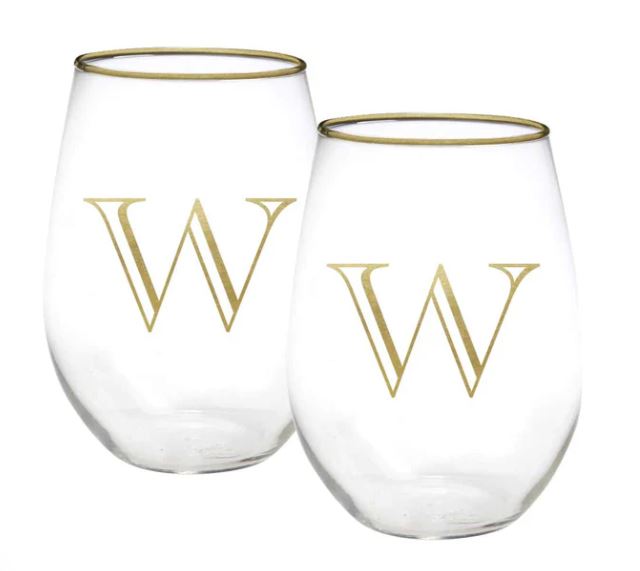 Gold Initial Stemless Wine Glass Set of 2
