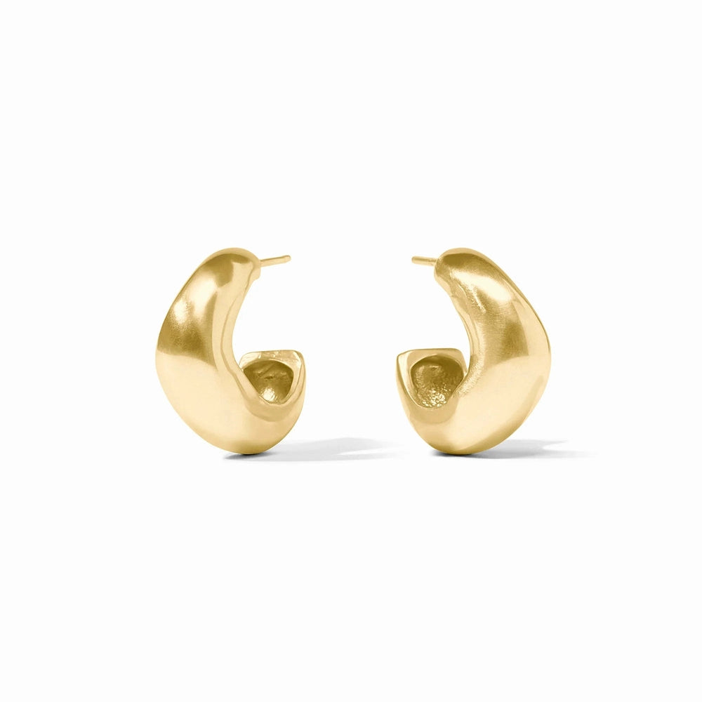Gold jewelry sculptural hoop earrings showcasing a chunky bulbous form with a soft satin finish and organic tapered ends against a clean white background