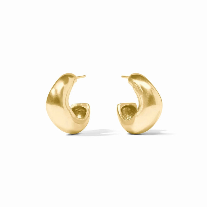 Gold jewelry sculptural hoop earrings showcasing a chunky bulbous form with a soft satin finish and organic tapered ends against a clean white background