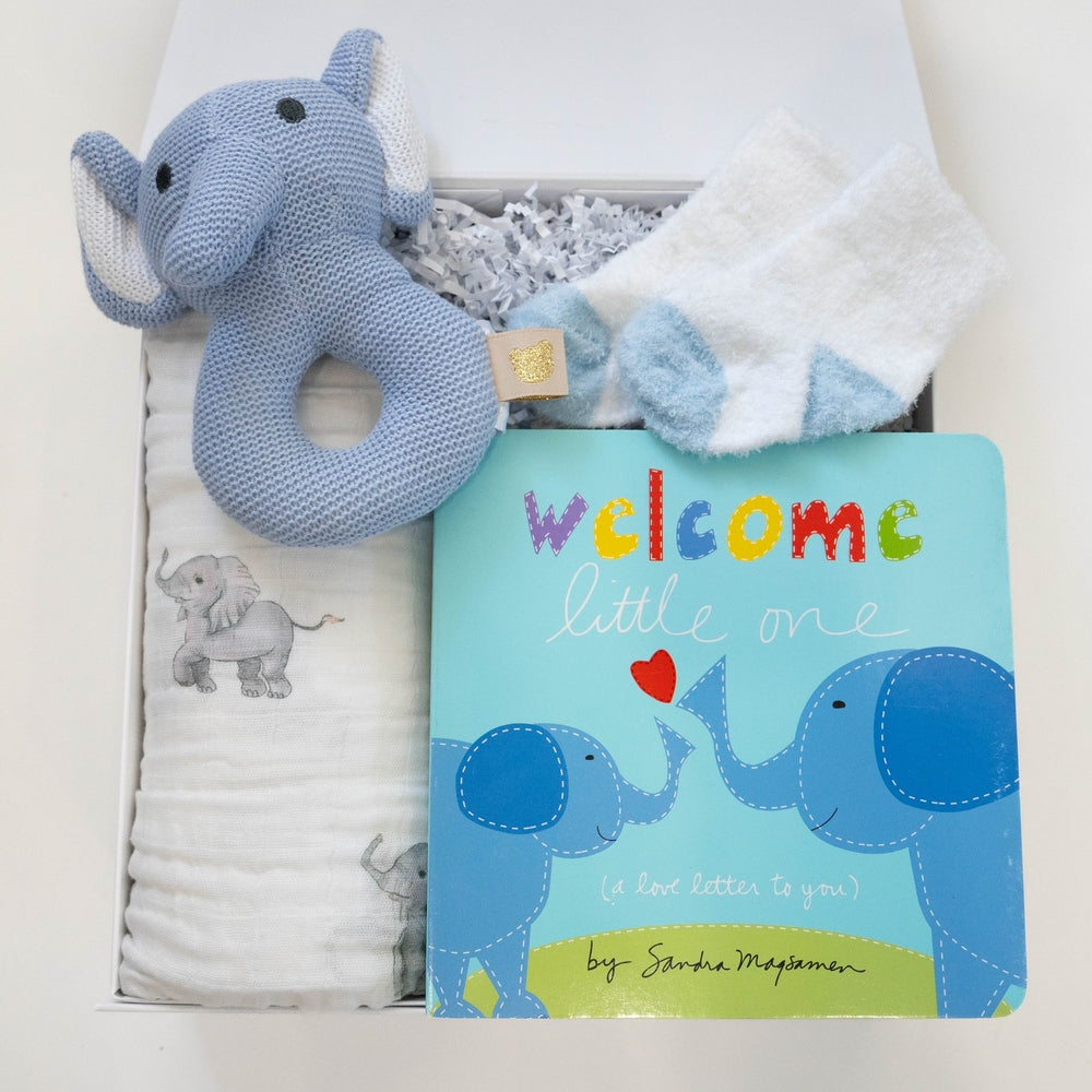 Photograph of a Sandra Magsamen baby gift box featuring a blue knit elephant rattle, a colorful Welcome Little One board book, and an elephant-patterned muslin blanket on a bed of white shredded paper