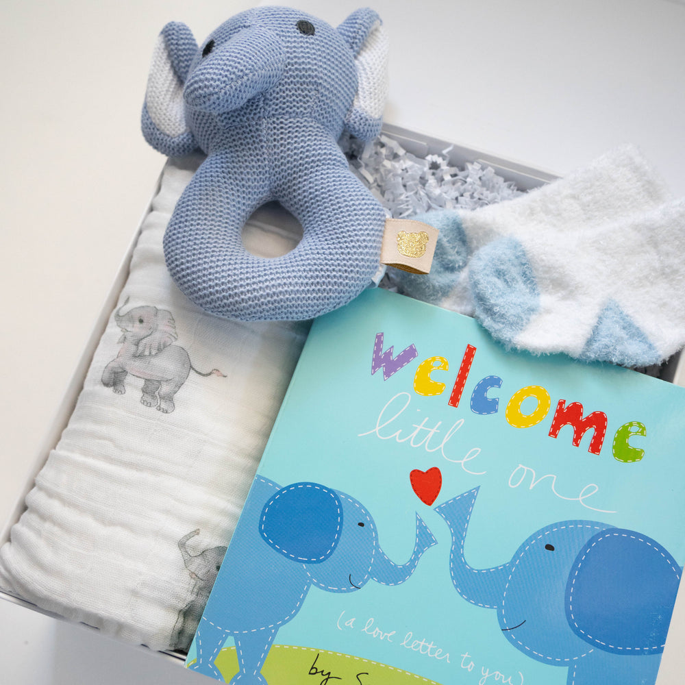 Digital photograph of a baby gift set featuring the book Welcome Little One by Sandra Magsamen, showcasing a light blue knitted elephant rattle, an elephant-print muslin swaddle, and soft blue and white socks in a white box