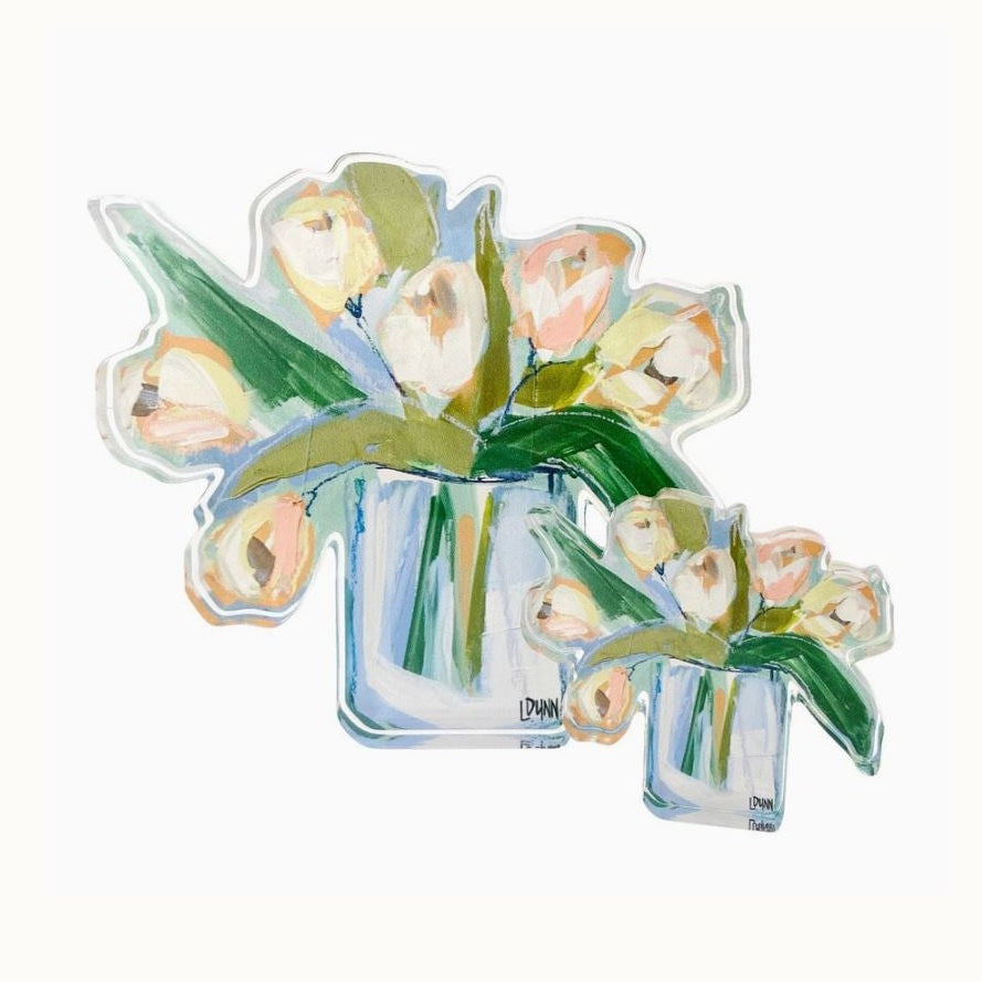 Acrylic painting by Laura Dunn of white and peach tulips in a clear glass vase featuring two die-cut shaped blocks with vibrant green leaves and expressive painterly brushstrokes against a white background