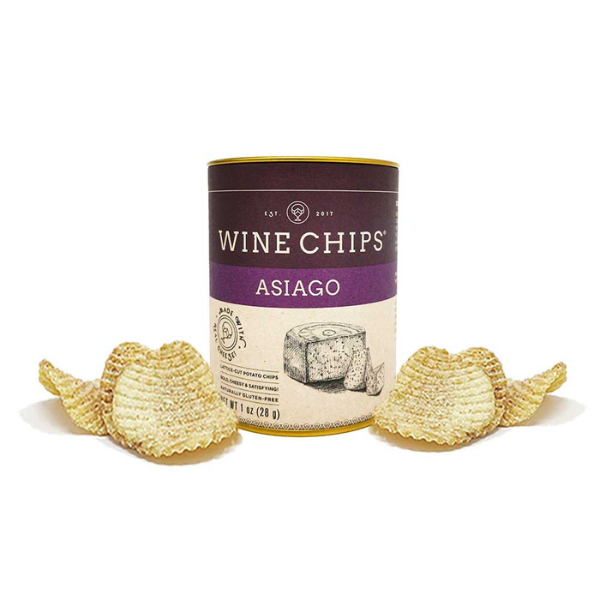 Purple canister of Wine Chips Asiago with ridged potato chips on either side