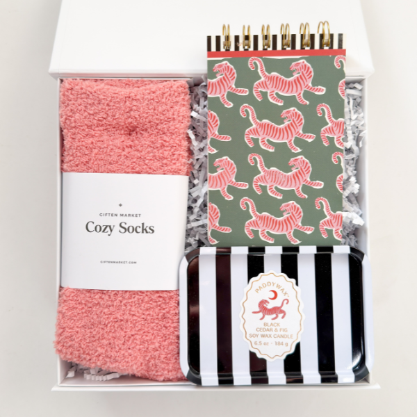 Set of pink cozy socks, a notebook with tiger pattern, and a striped bag on a white background