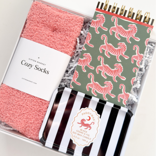 Set of pink cozy socks, black and white striped candy, and a notebook with tiger pattern on a light gray background