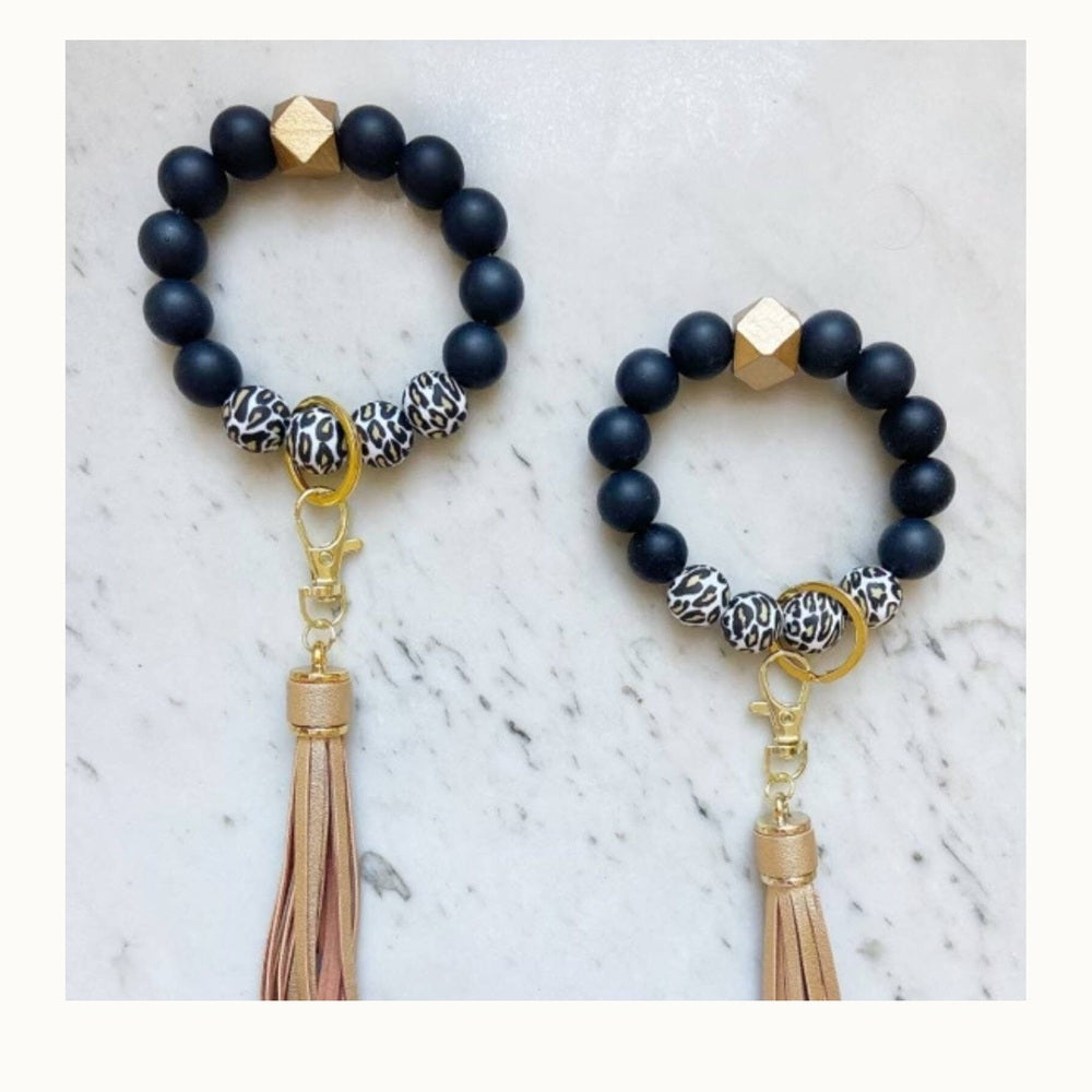 Wristband Keychain - Black Cheetah with Gold Tassel