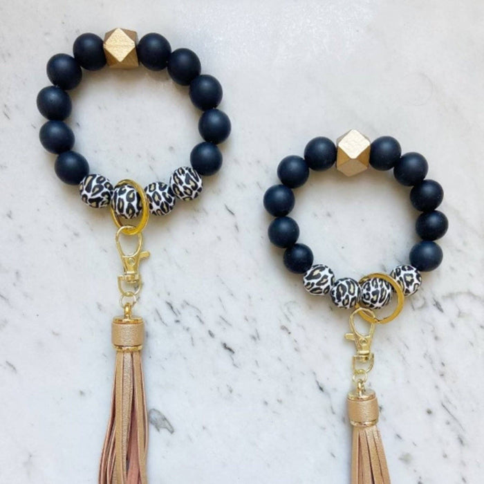 Wristband Keychain - Black Cheetah with Gold Tassel