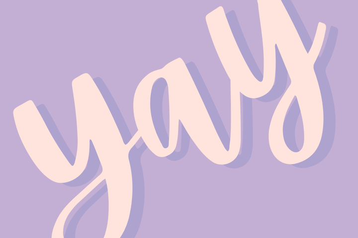 Purple card with yay in pale peach brush script