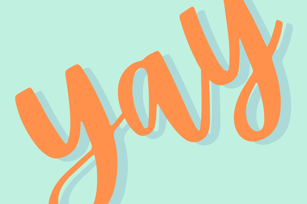 Mint green card with yay in orange brush script