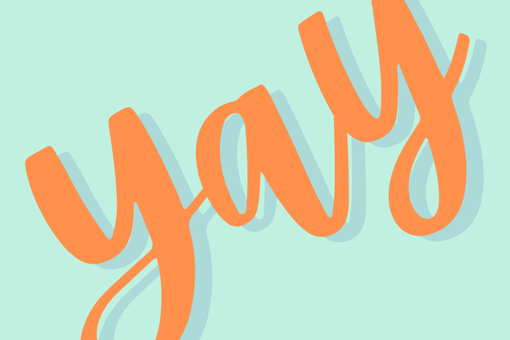 Mint green card with yay in orange brush script