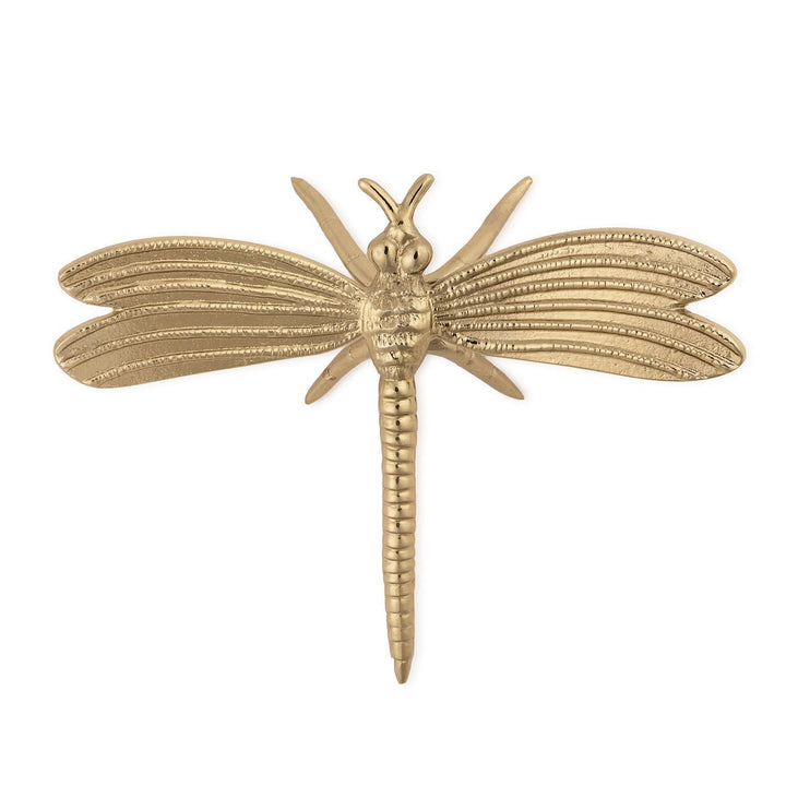 Polished brass dragonfly sculpture on a white background featuring intricate ribbed wings, a segmented abdomen, and a reflective metallic gold finish