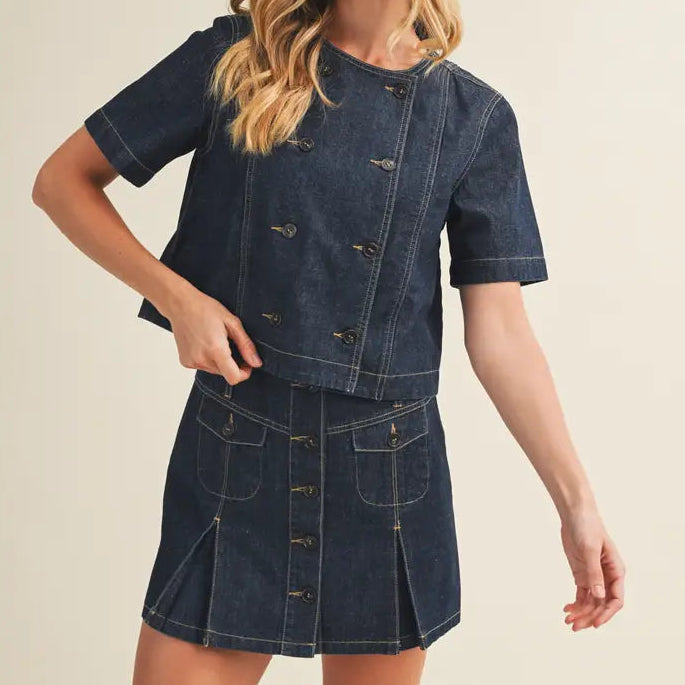Asymmetric Double-Breasted Denim Blouse