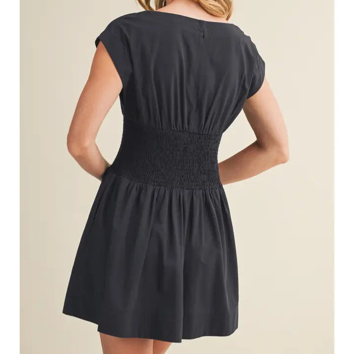 Smocked-Waist Blouson Poplin Dress